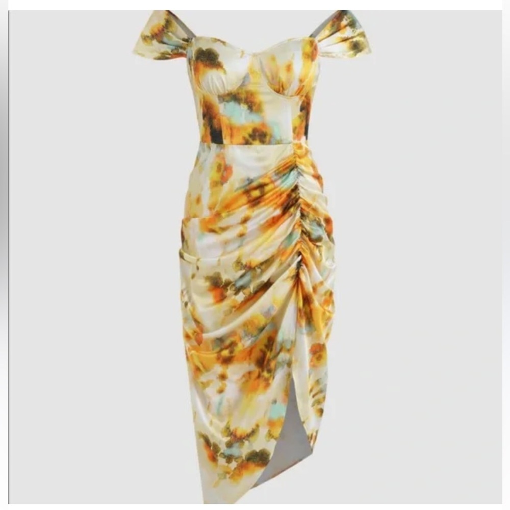 Illusion tie dye ruched midi dress with slit